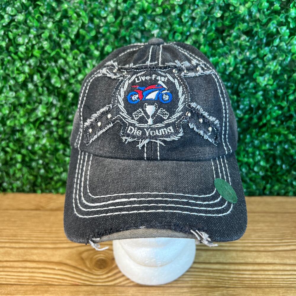 NWOT Live Fast Die Young Charcoal Denim Distressed Studded Cap Hat Motorcycle